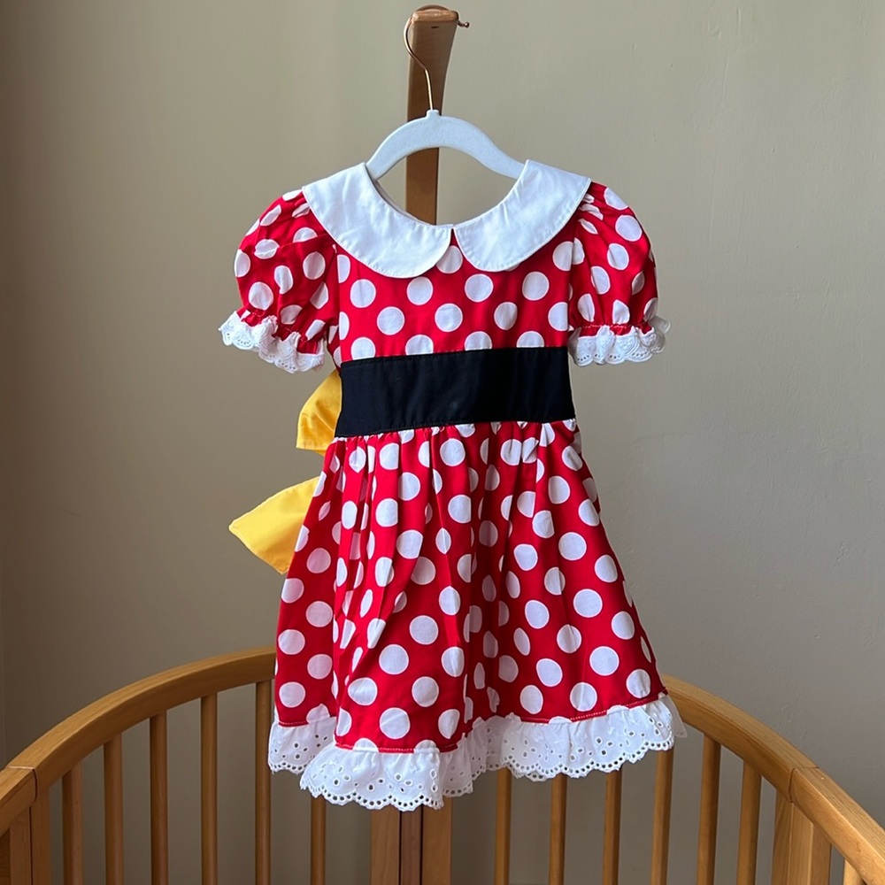 Beautiful Etsy Disney Minnie Mouse dress, 2T, with black tights and yellow shoes